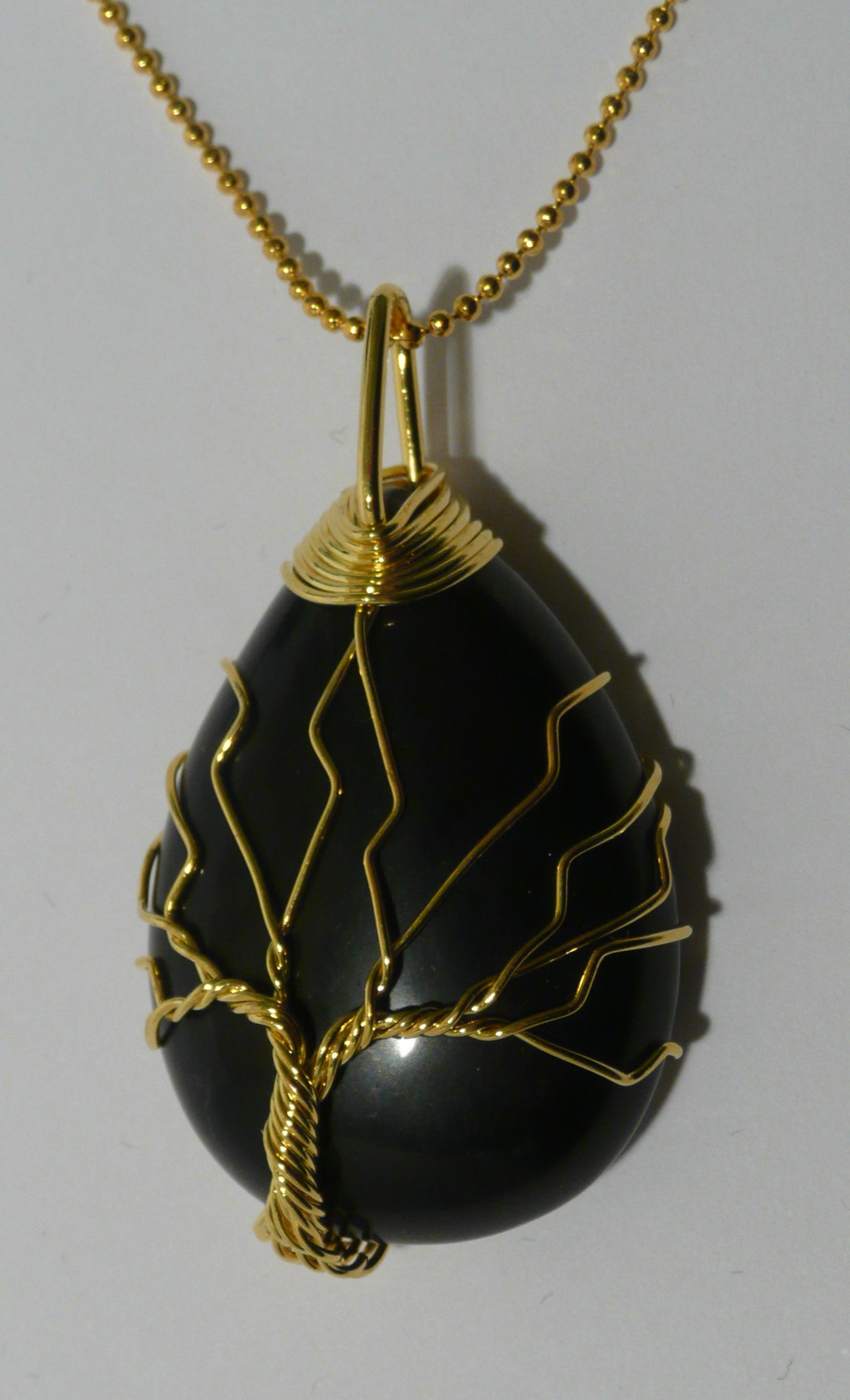 Tree of Life Wire Wrapped Tear Drop Pendant - Black Agate A