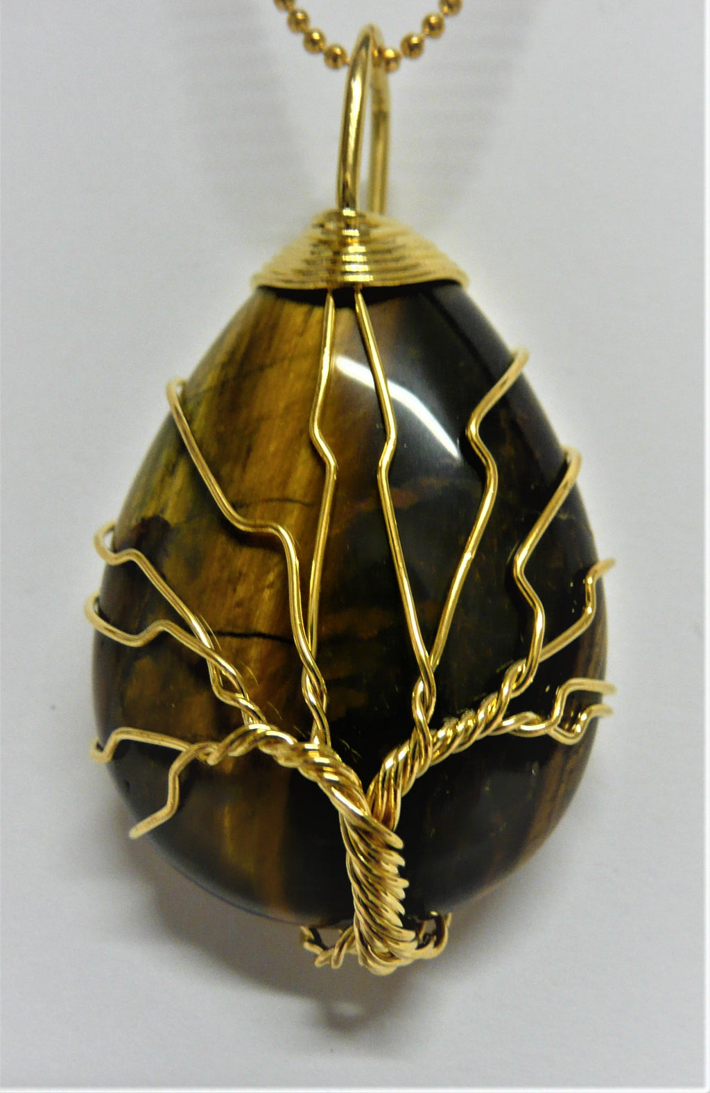 Tree of Life Wire Wrapped Tear Drop Pendant - Tiger Eye - A